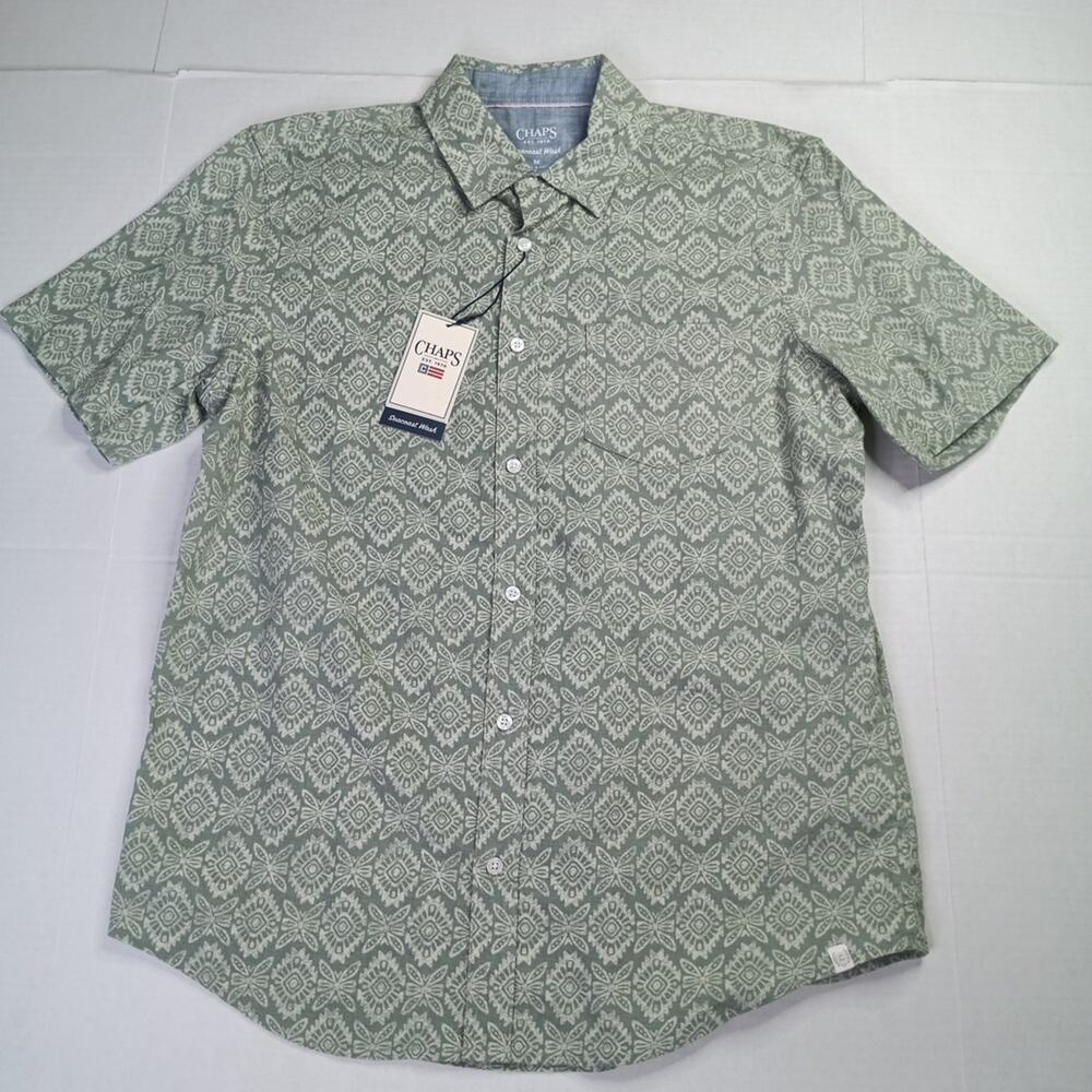 Chaps Seacoast Chambray Woven Shirt Mens‎ M Green Aztec Print